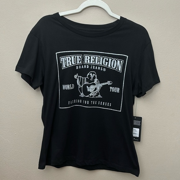 True Religion Black short sleeve shirt w/ Silver Glitter Buddha World Tour Large - Picture 1 of 4